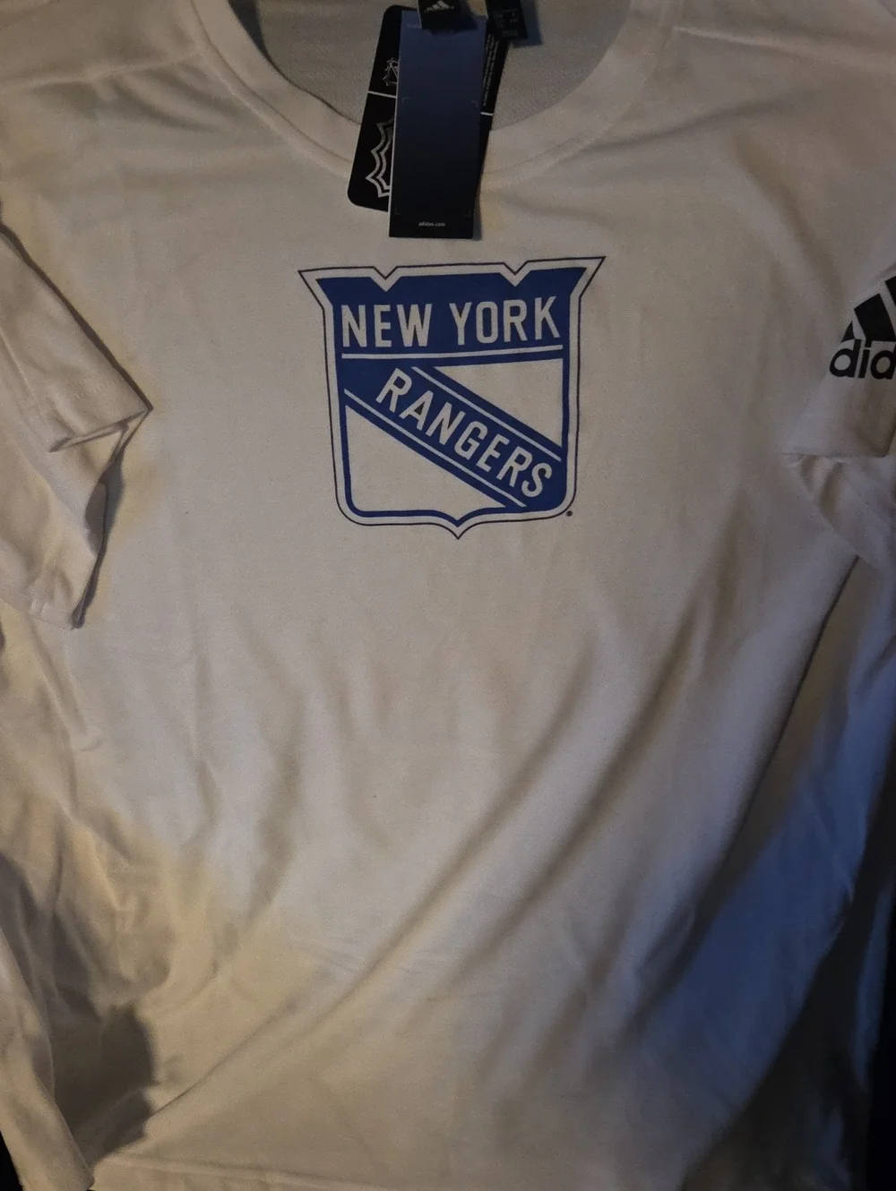adidas White T-Shirt with Blue New York Rangers Shield
